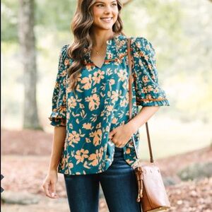 Umgee Just For Me Teal Green Bubble Sleeve Floral Peasant Blouse Size Small